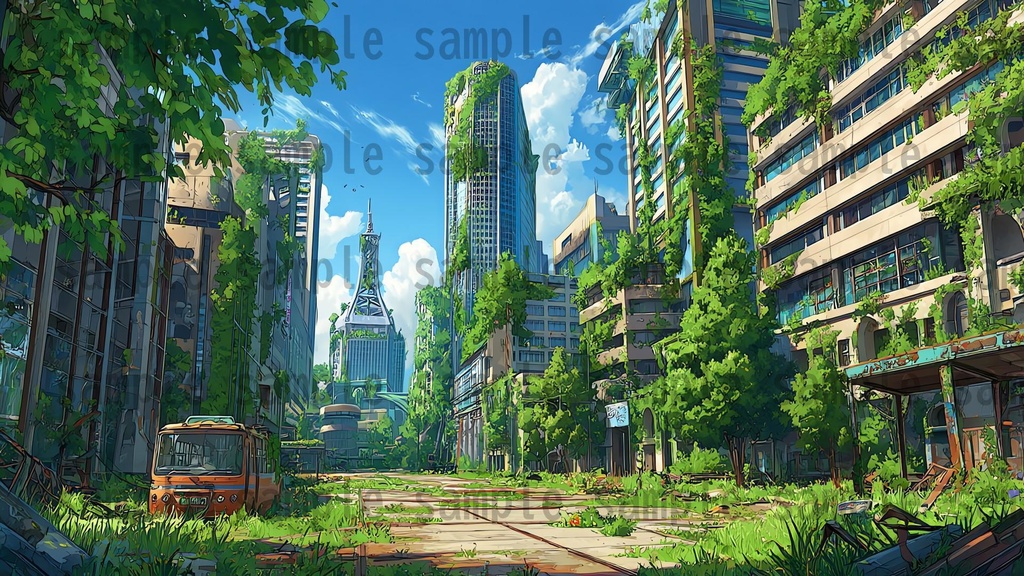 【155枚】ディストピア 植物支配都市~緑に呑まれた街~ 背景イラスト【著作権フリー素材】終末世界風景