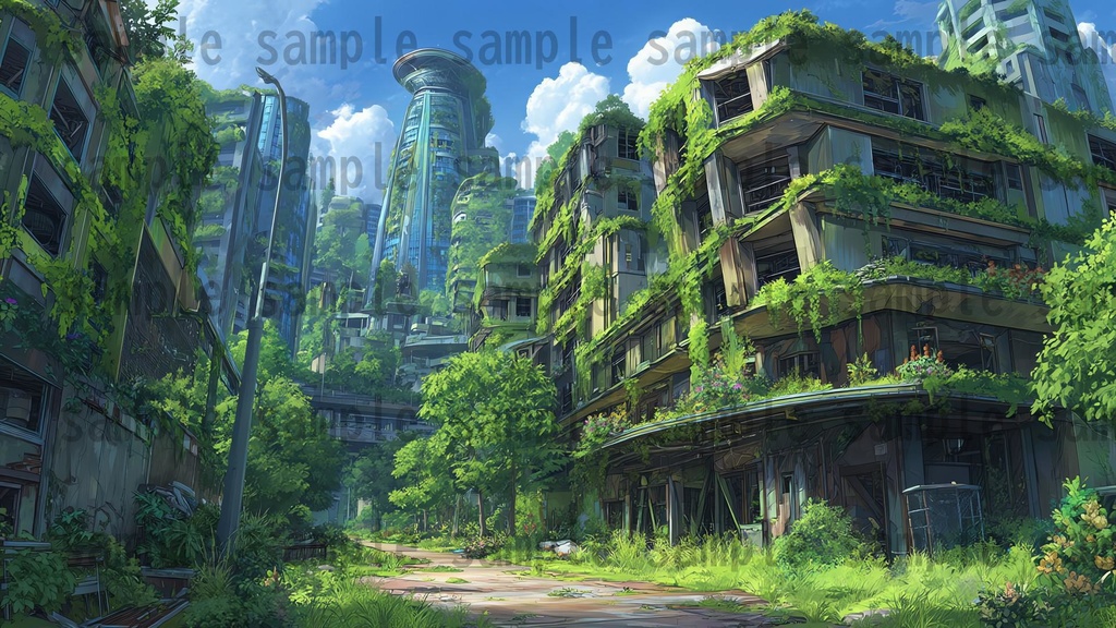 【155枚】ディストピア 植物支配都市~緑に呑まれた街~ 背景イラスト【著作権フリー素材】終末世界風景