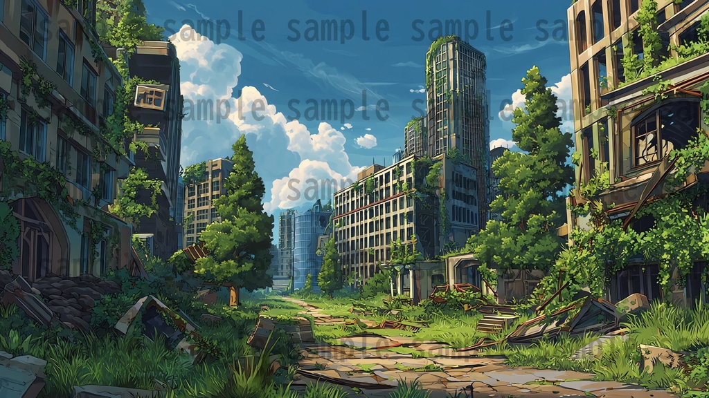 【155枚】ディストピア 植物支配都市~緑に呑まれた街~ 背景イラスト【著作権フリー素材】終末世界風景