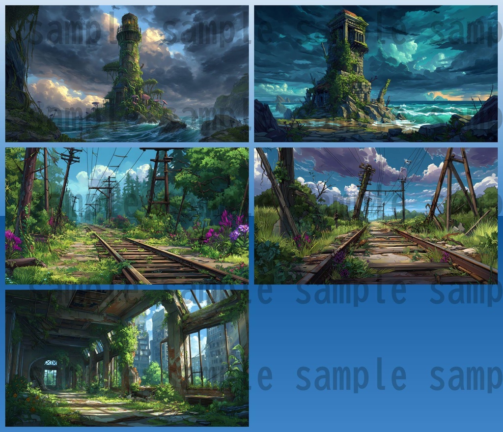 【155枚】ディストピア 植物支配都市~緑に呑まれた街~ 背景イラスト【著作権フリー素材】終末世界風景