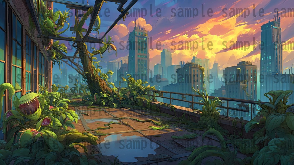 【155枚】ディストピア 植物支配都市~緑に呑まれた街~ 背景イラスト【著作権フリー素材】終末世界風景