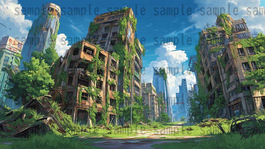 【155枚】ディストピア 植物支配都市~緑に呑まれた街~ 背景イラスト【著作権フリー素材】終末世界風景