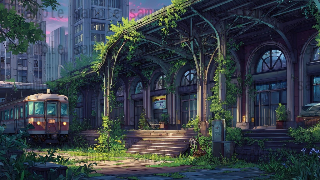【155枚】ディストピア 植物支配都市~緑に呑まれた街~ 背景イラスト【著作権フリー素材】終末世界風景
