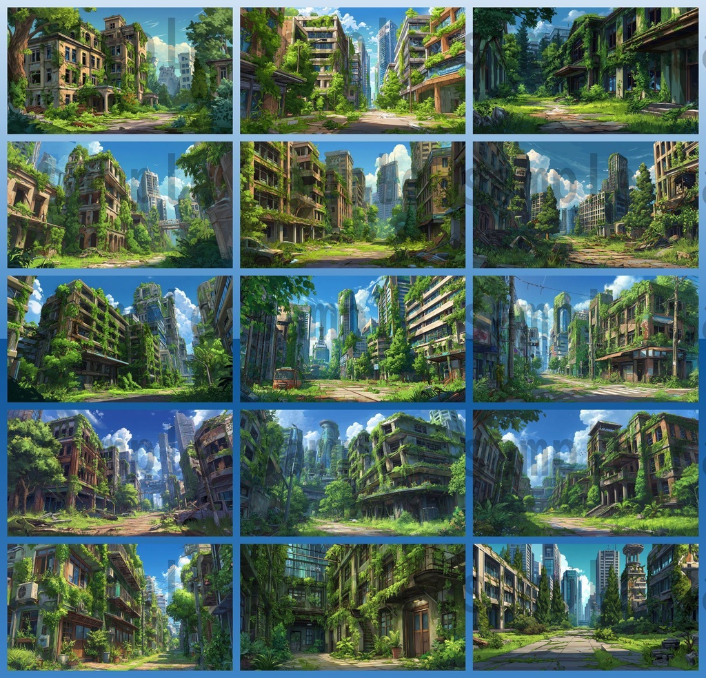 【155枚】ディストピア 植物支配都市~緑に呑まれた街~ 背景イラスト【著作権フリー素材】終末世界風景