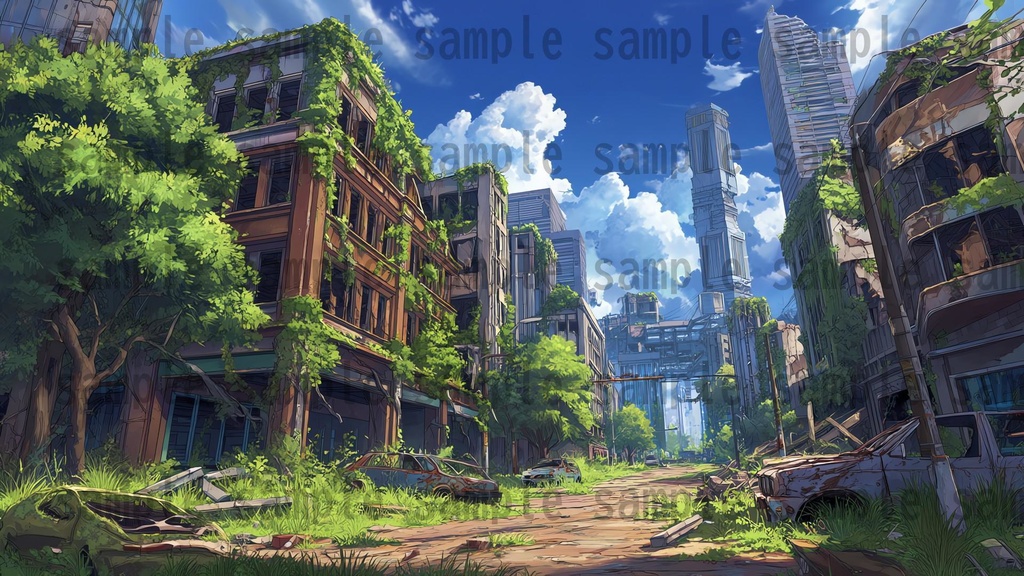 【155枚】ディストピア 植物支配都市~緑に呑まれた街~ 背景イラスト【著作権フリー素材】終末世界風景