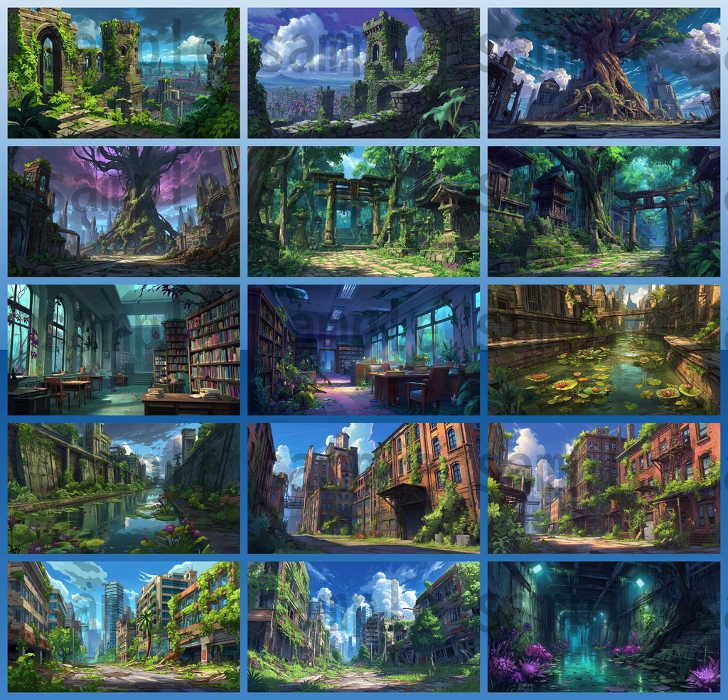 【155枚】ディストピア 植物支配都市~緑に呑まれた街~ 背景イラスト【著作権フリー素材】終末世界風景