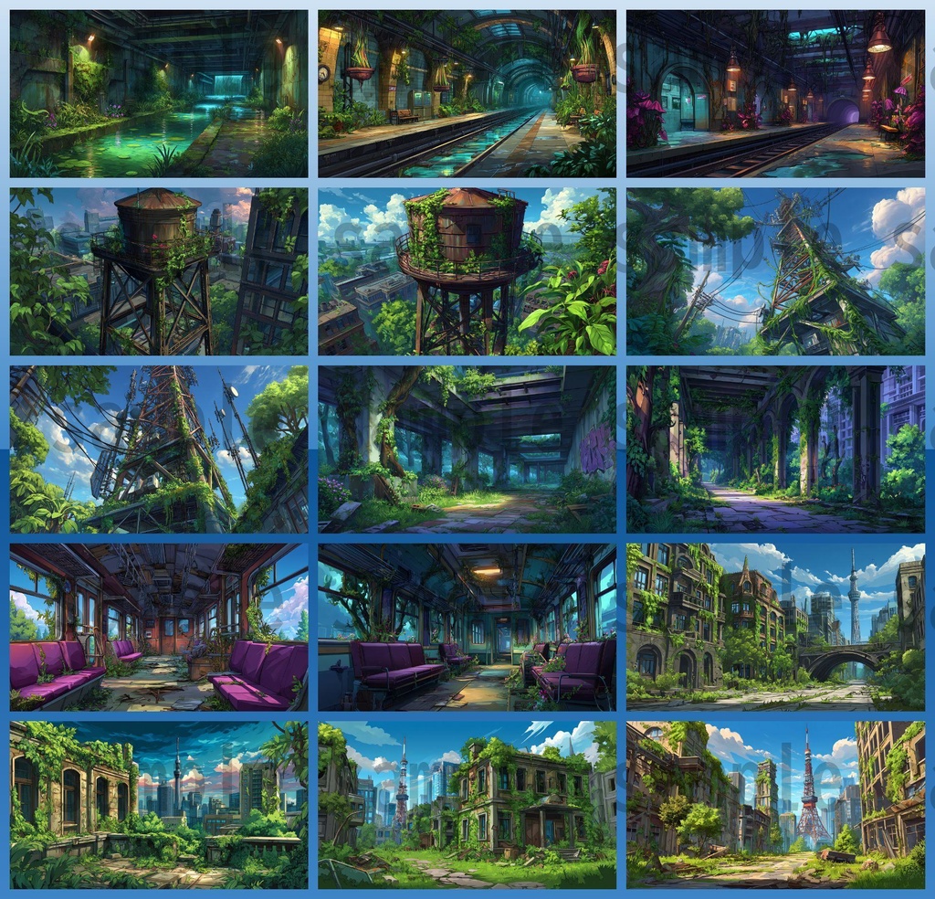 【155枚】ディストピア 植物支配都市~緑に呑まれた街~ 背景イラスト【著作権フリー素材】終末世界風景