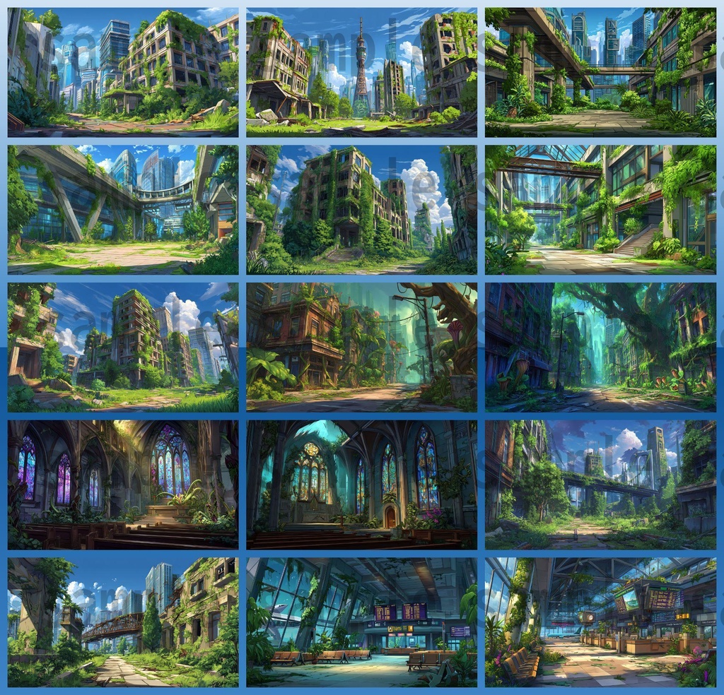 【155枚】ディストピア 植物支配都市~緑に呑まれた街~ 背景イラスト【著作権フリー素材】終末世界風景