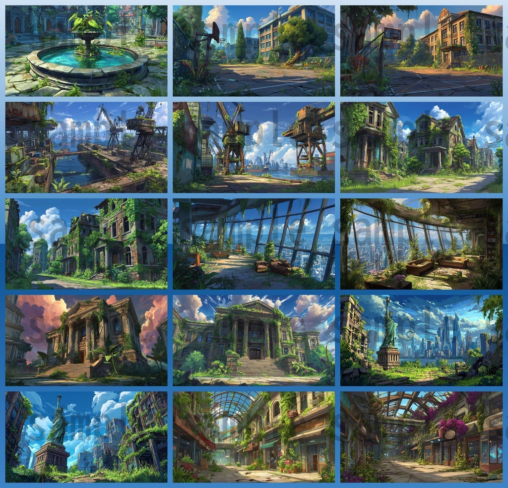 【155枚】ディストピア 植物支配都市~緑に呑まれた街~ 背景イラスト【著作権フリー素材】終末世界風景