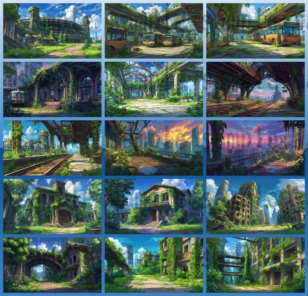 【155枚】ディストピア 植物支配都市~緑に呑まれた街~ 背景イラスト【著作権フリー素材】終末世界風景