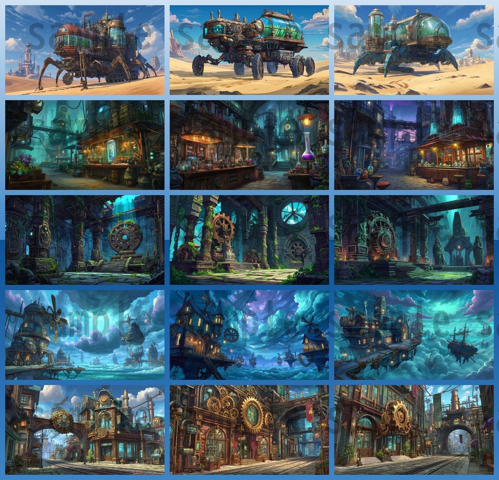 【282枚】スチームパンク ファンタジー風景イラスト【著作権フリー素材】