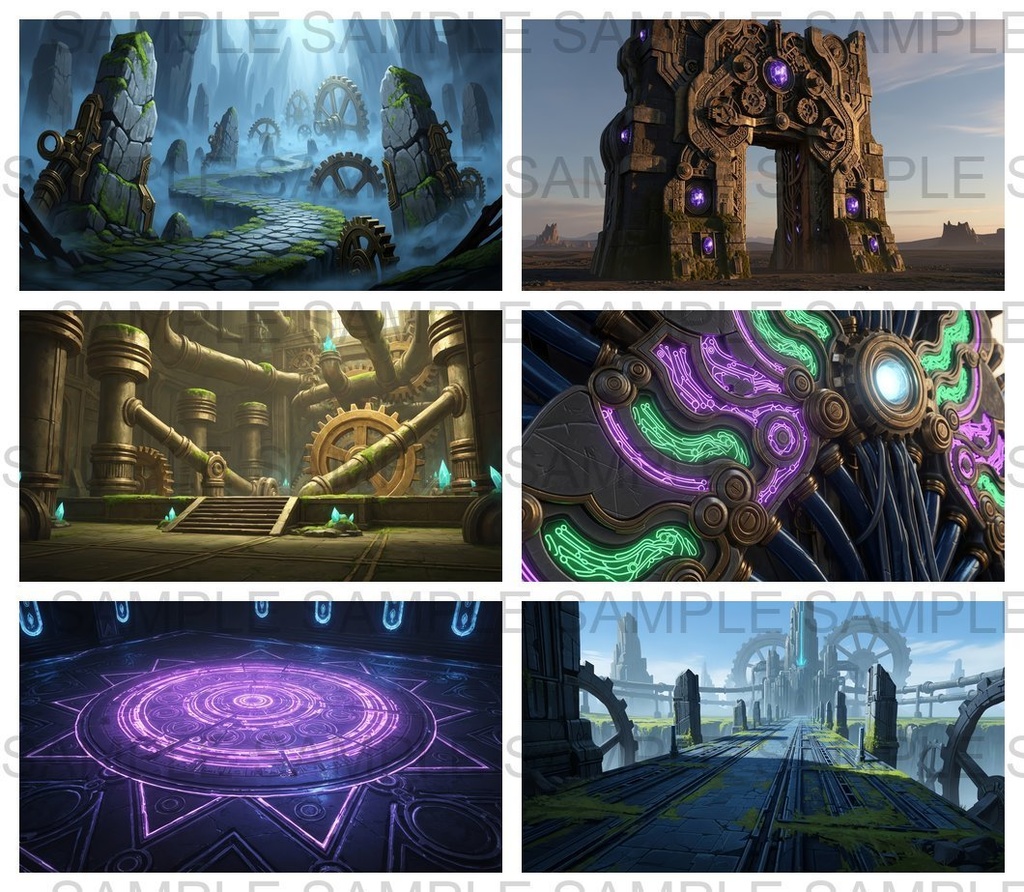 【141 枚】失われた超古代文明の機械遺跡(魔法×メカ) ファンタジー背景イラスト【著作権フリー】