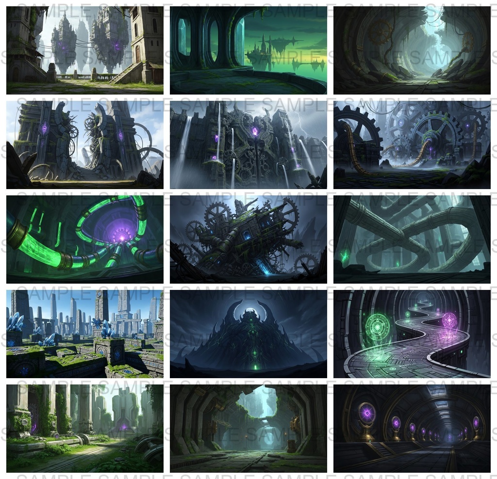 【141 枚】失われた超古代文明の機械遺跡(魔法×メカ) ファンタジー背景イラスト【著作権フリー】