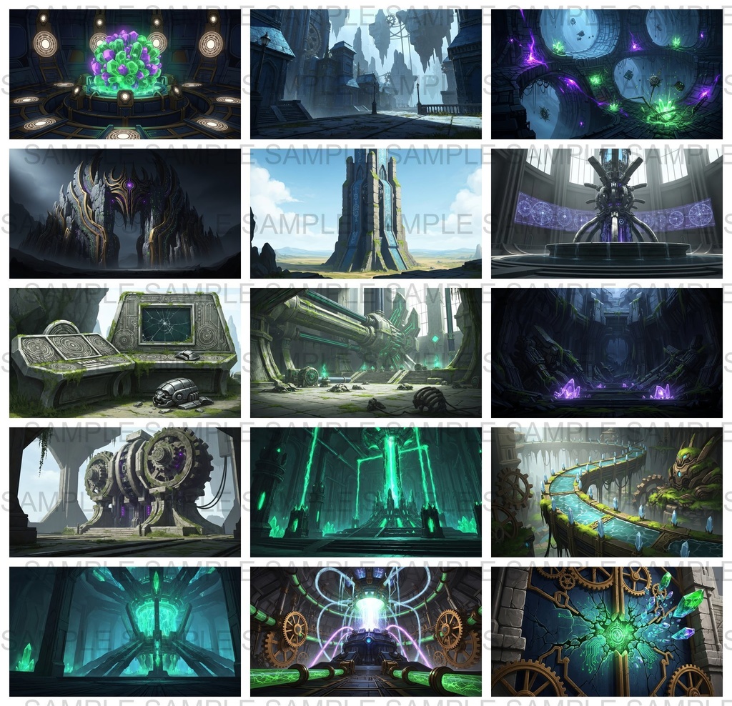 【141 枚】失われた超古代文明の機械遺跡(魔法×メカ) ファンタジー背景イラスト【著作権フリー】