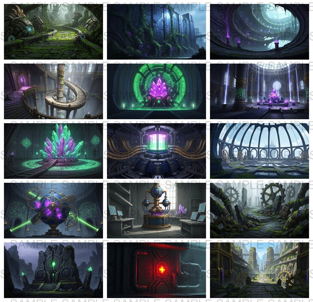 【141 枚】失われた超古代文明の機械遺跡(魔法×メカ) ファンタジー背景イラスト【著作権フリー】