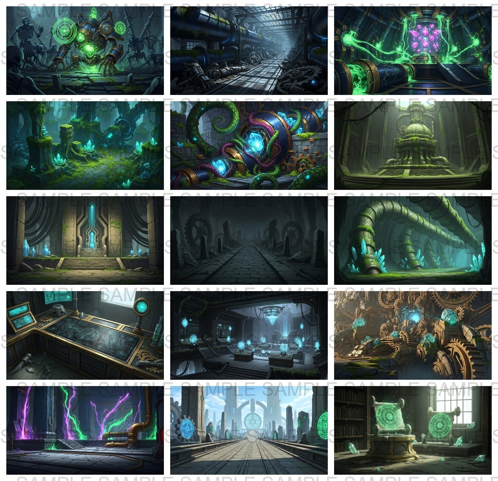 【141 枚】失われた超古代文明の機械遺跡(魔法×メカ) ファンタジー背景イラスト【著作権フリー】