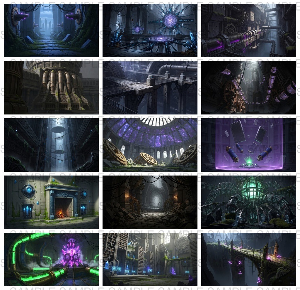 【141 枚】失われた超古代文明の機械遺跡(魔法×メカ) ファンタジー背景イラスト【著作権フリー】