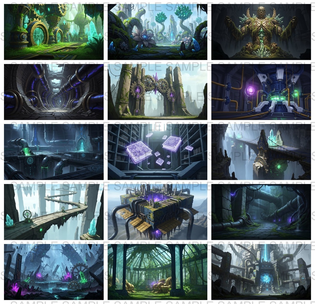 【141 枚】失われた超古代文明の機械遺跡(魔法×メカ) ファンタジー背景イラスト【著作権フリー】