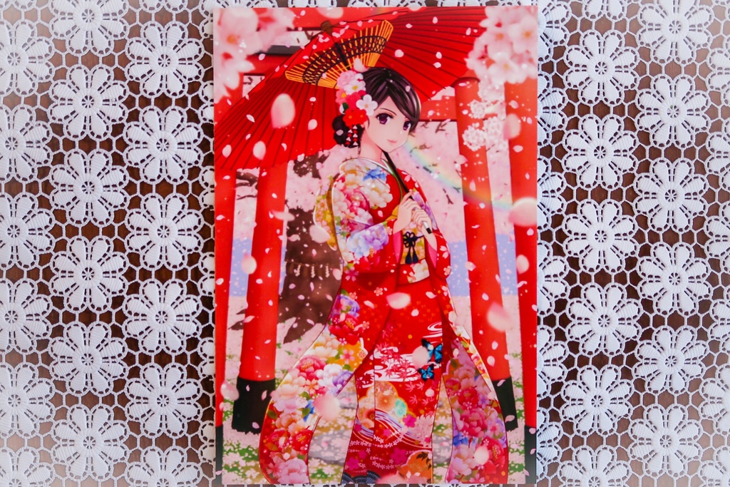 *ポストカード*桜並木と鳥居と女の子