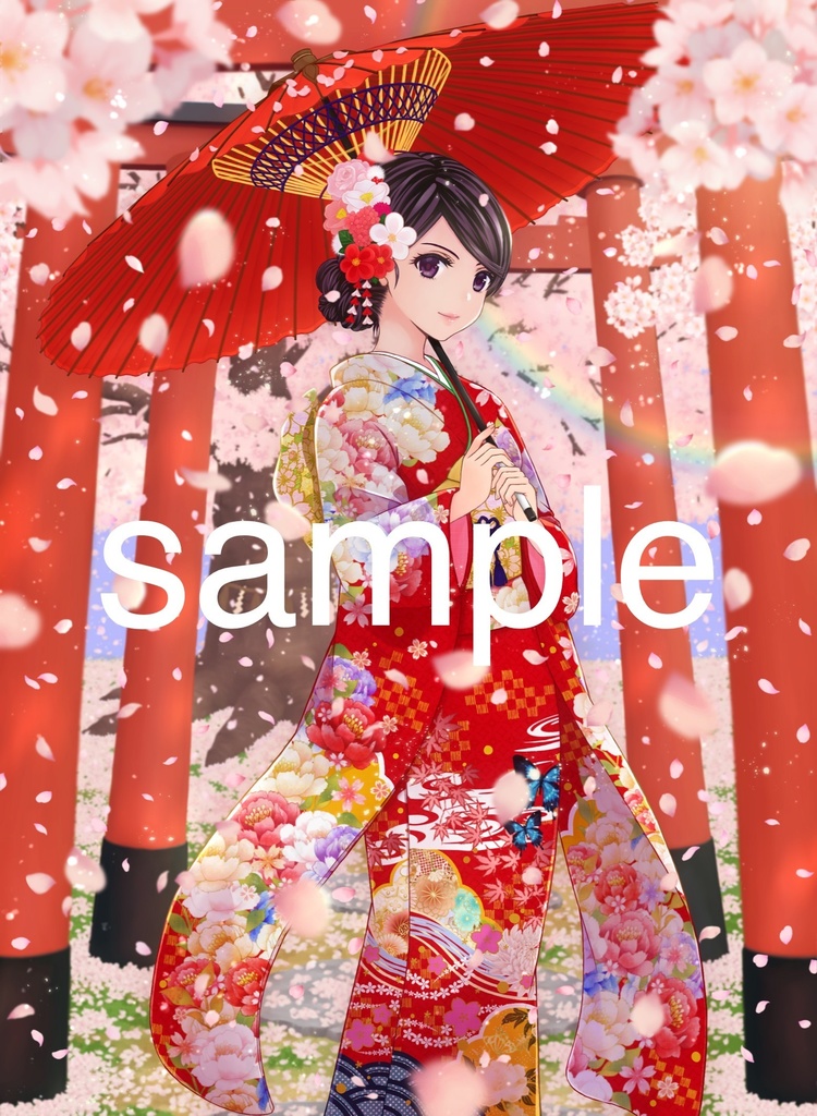 複製原画 桜並木と鳥居と女の子