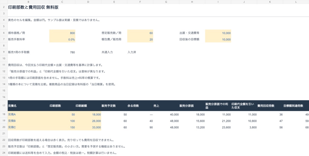 同人イベント印刷部数比較|無料版 Excel
