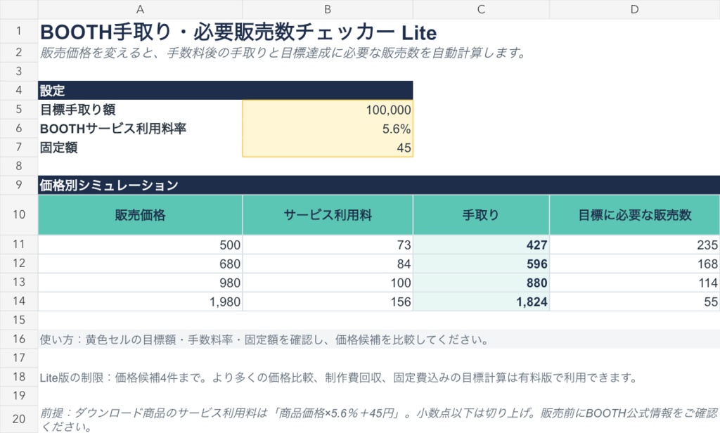 BOOTH手取り・必要販売数チェッカー Lite|無料Excel