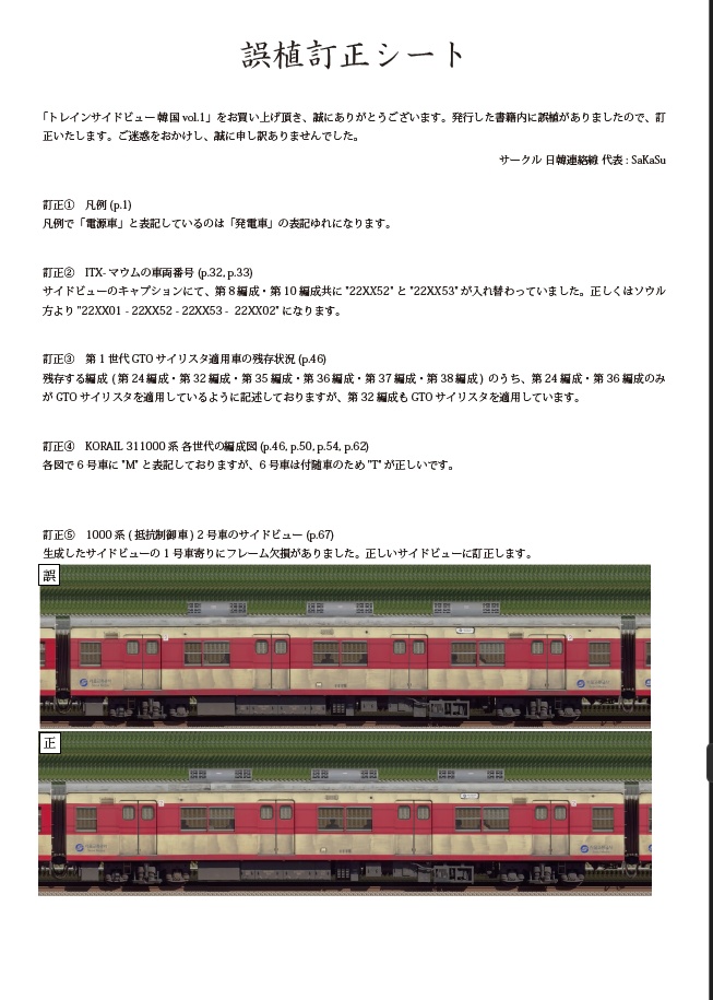トレインサイドビュー 韓国 vol.1 誤植訂正シート
