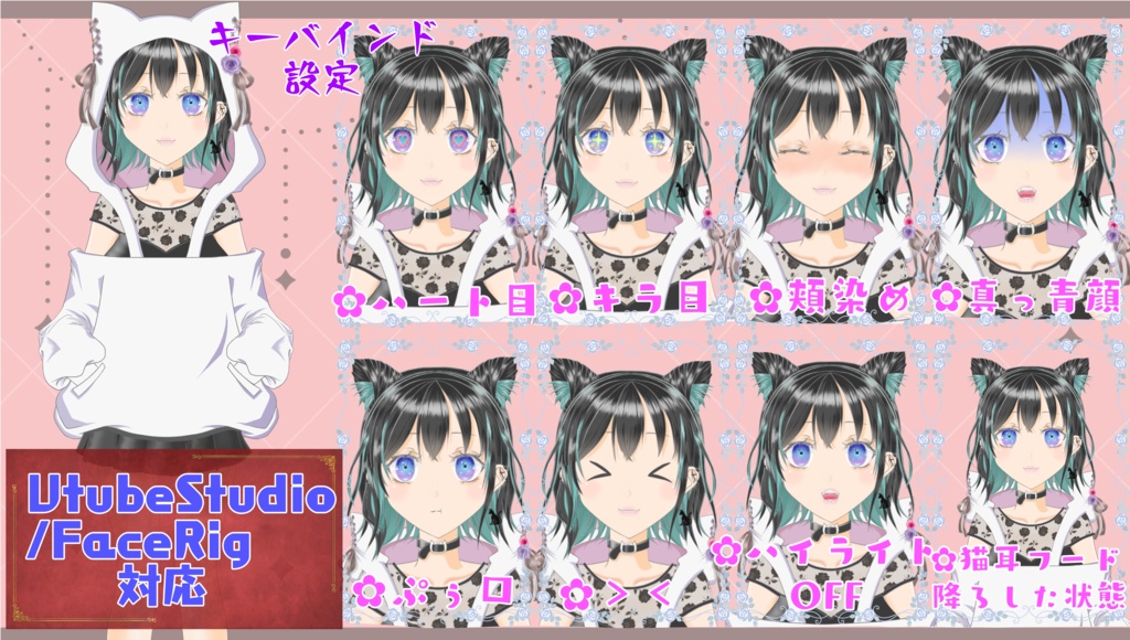 【VTS/FaceRig対応】猫耳フード黒髪メッシュJK 【限定1点物】