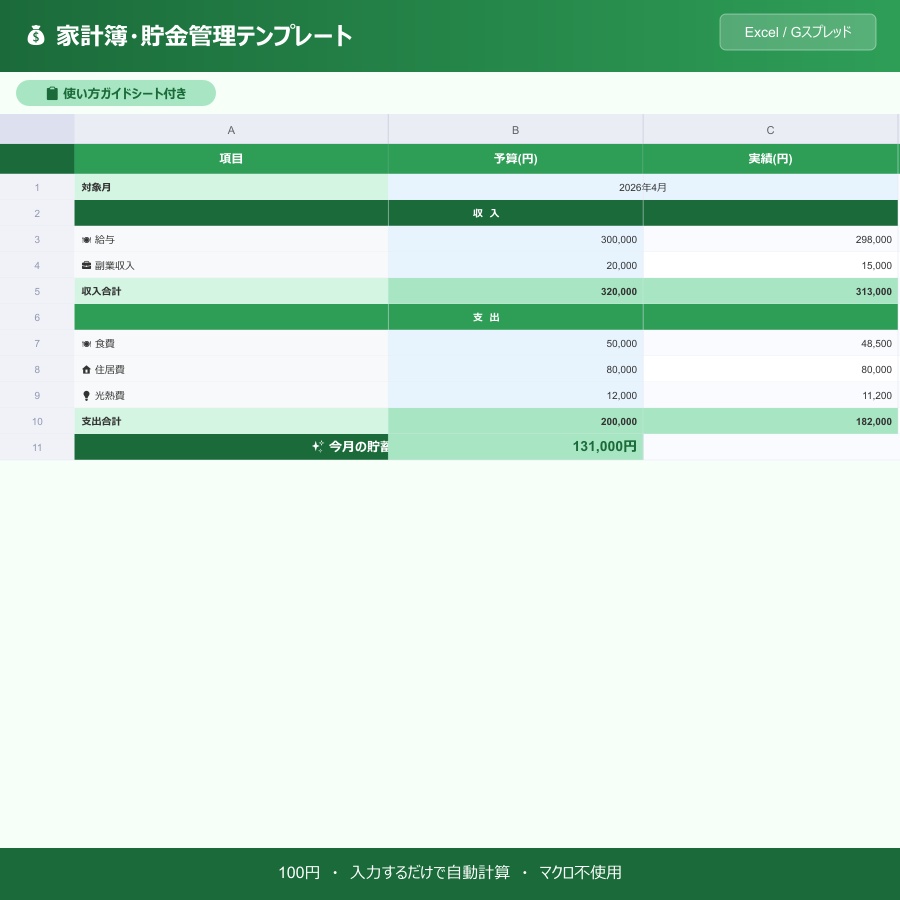【家計簿テンプレート】収支・貯金目標を自動管理｜Excel/Googleスプレッドシート対応