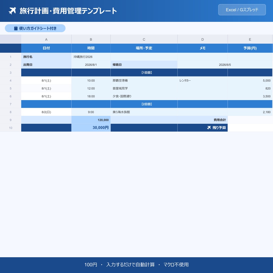 【旅行計画テンプレート】スケジュール・費用を一括管理｜Excel/Googleスプレッドシート対応