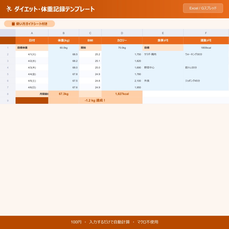【ダイエット記録テンプレート】体重・カロリー・食事を毎日記録｜Excel/Googleスプレッドシート対応