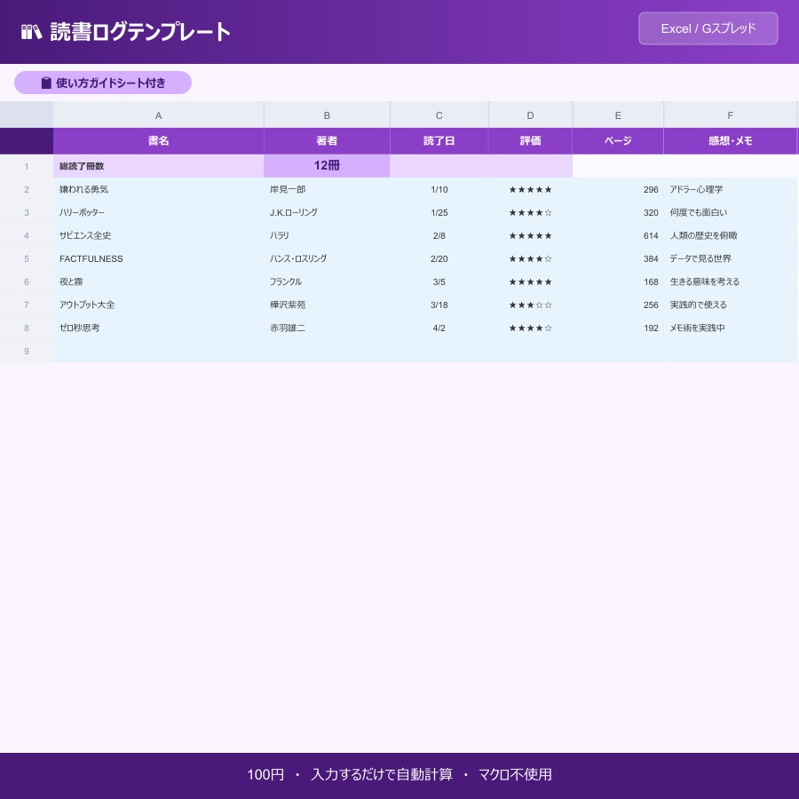 【読書ログテンプレート】読んだ本を記録・管理｜Excel/Googleスプレッドシート対応