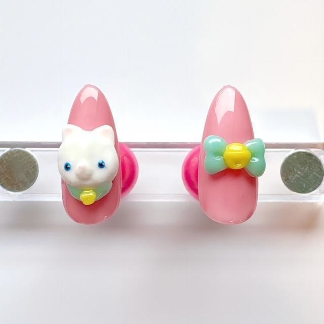 【3Dネイルパーツ】白ねこちゃん&鈴付きリボンセット♡ハンドメイド
