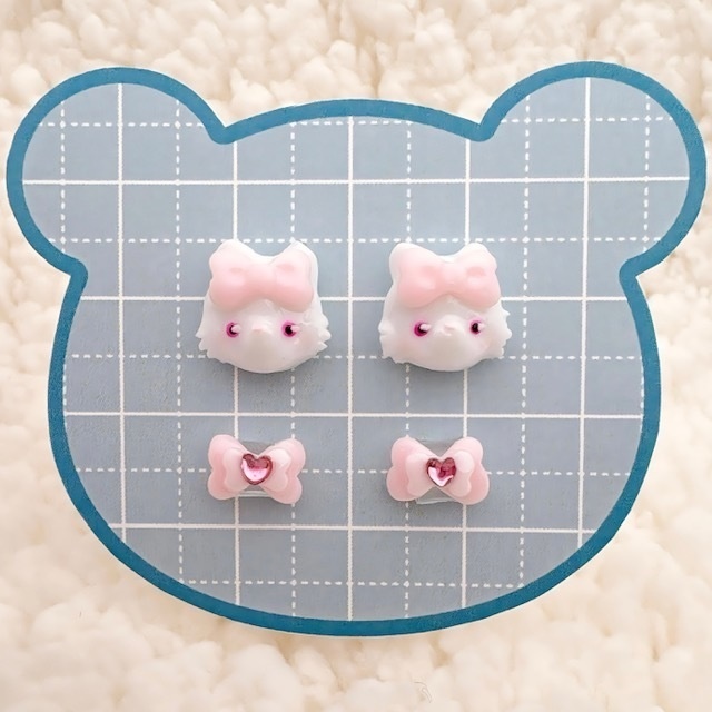 【3Dネイルパーツ】白ねこちゃん&ハートリボンセット♡ハンドメイド