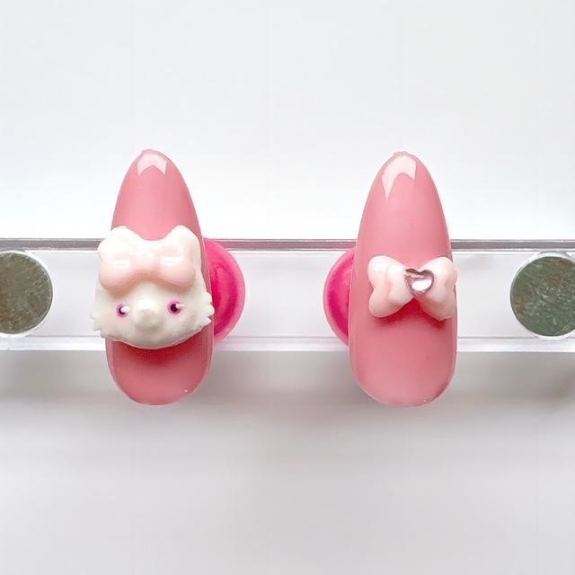 【3Dネイルパーツ】白ねこちゃん&ハートリボンセット♡ハンドメイド