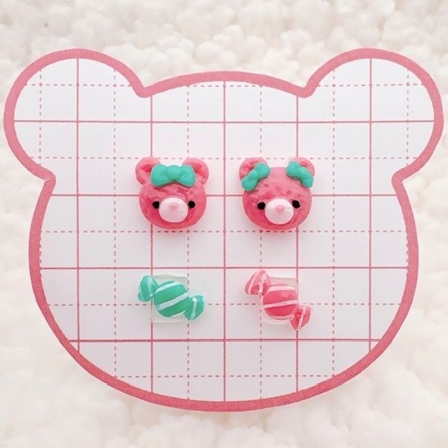 【3Dネイルパーツ】リボンくまちゃん&カラフルキャンディセット♡ハンドメイド