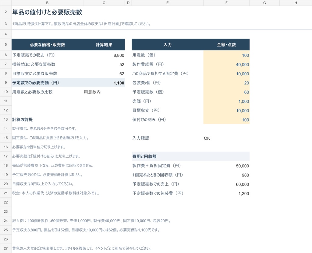 イベント出店の収支・値付けシート|記入例つきExcelテンプレート