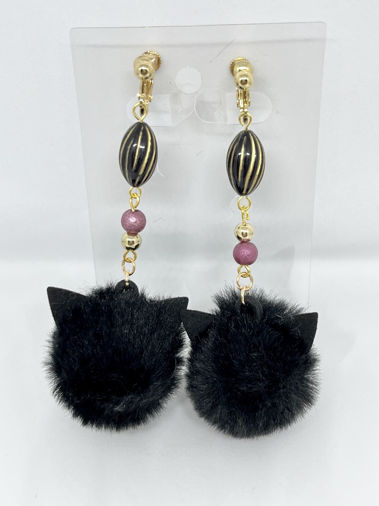 猫耳ファー付き耳飾り【ハンドメイド】黒A