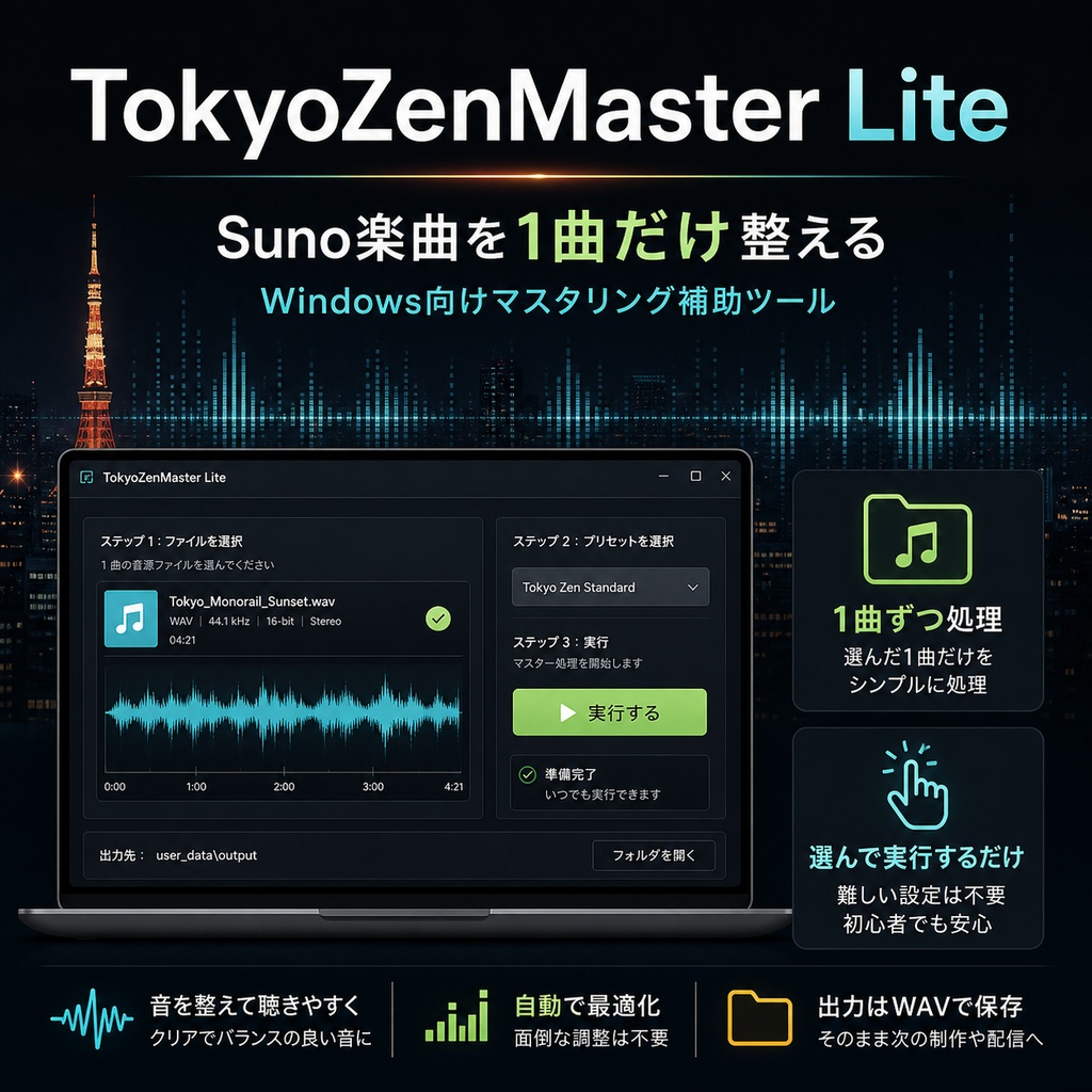 TokyoZenMaster Lite - Suno楽曲向け1曲マスタリング補助ツール