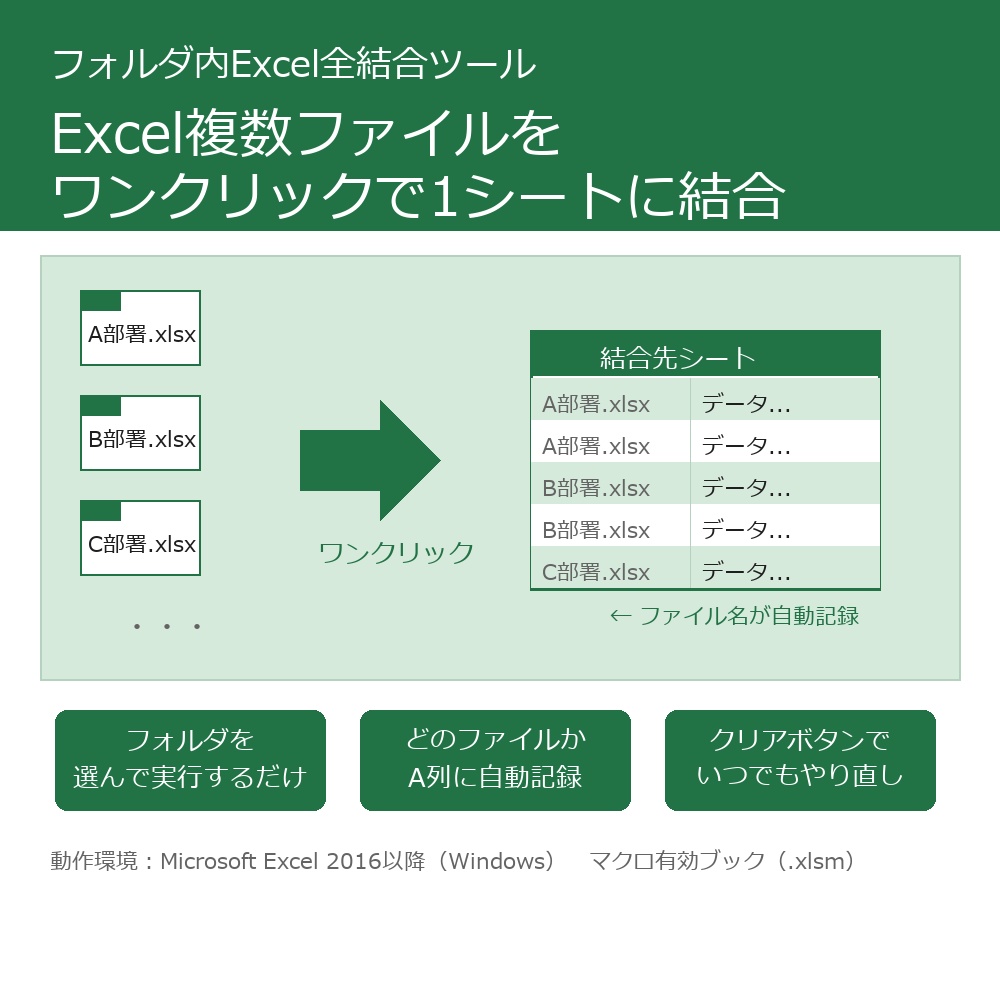 フォルダ内のExcelを一括結合｜ワンクリックで複数ファイルを1シートにまとめるVBAツール