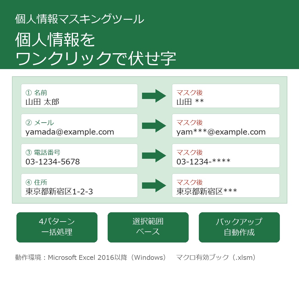 個人情報マスキングツール｜Excelの氏名・メール・電話・住所をワンクリックで一括伏せ字