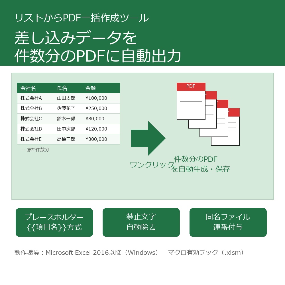 リストからPDF一括作成ツール｜Excelの差し込みデータをワンクリックで件数分のPDFに出力