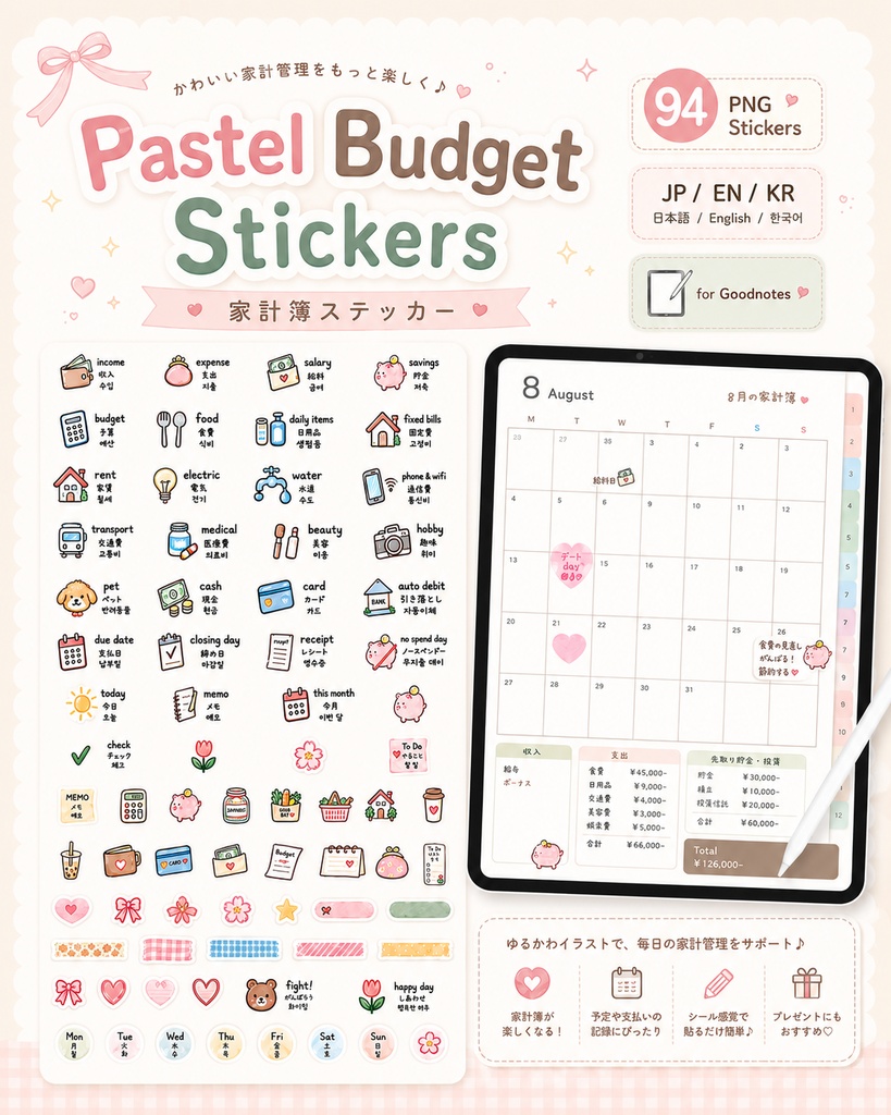Pastel Budget Stickers|3言語対応 Goodnotes家計簿ステッカー