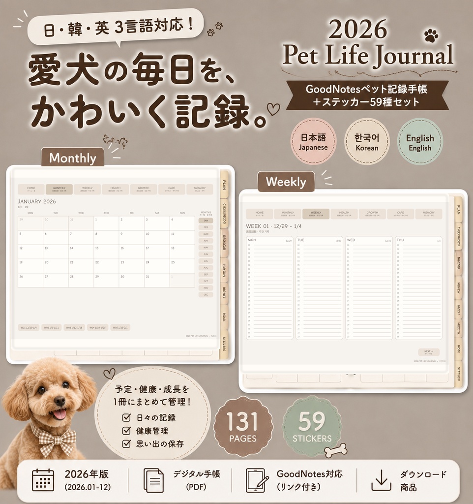【期間限定590円】【2026年版】Pet Life Journal｜日・韓・英3言語対応 GoodNotesペット記録手帳＋ステッカー59種セット
