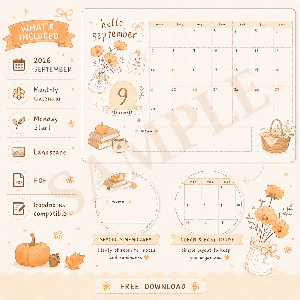 【無料配布】2026年9月 手描きカレンダー|Goodnotes対応|September Calendar