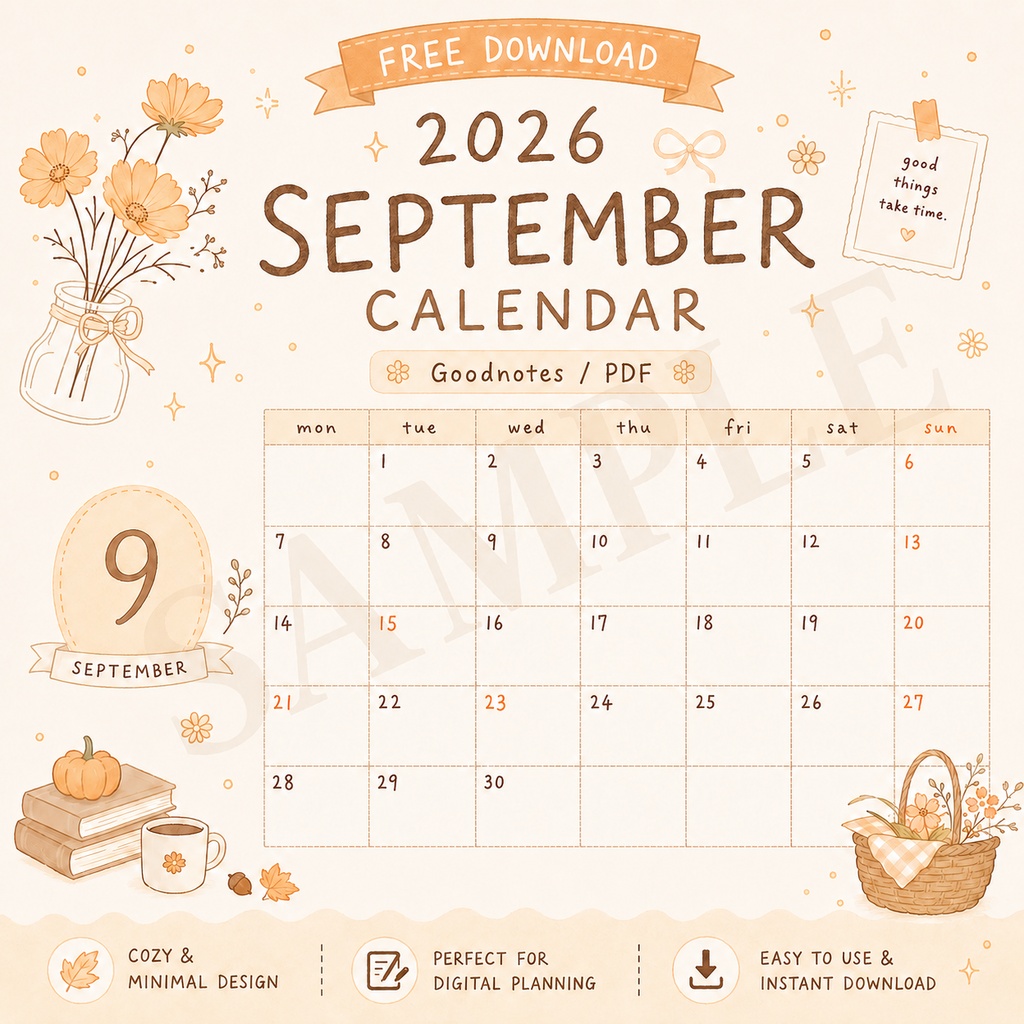 【無料配布】2026年9月 手描きカレンダー|Goodnotes対応|September Calendar