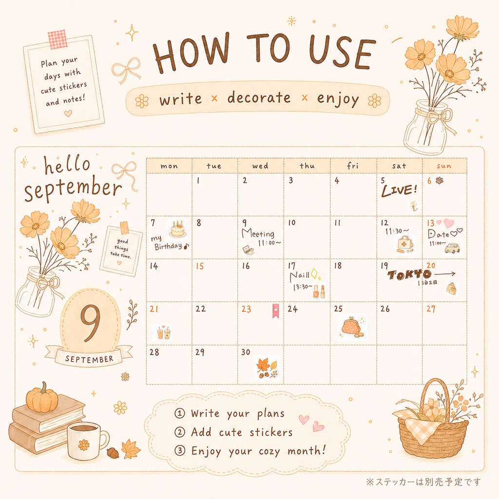 【無料配布】2026年9月 手描きカレンダー|Goodnotes対応|September Calendar