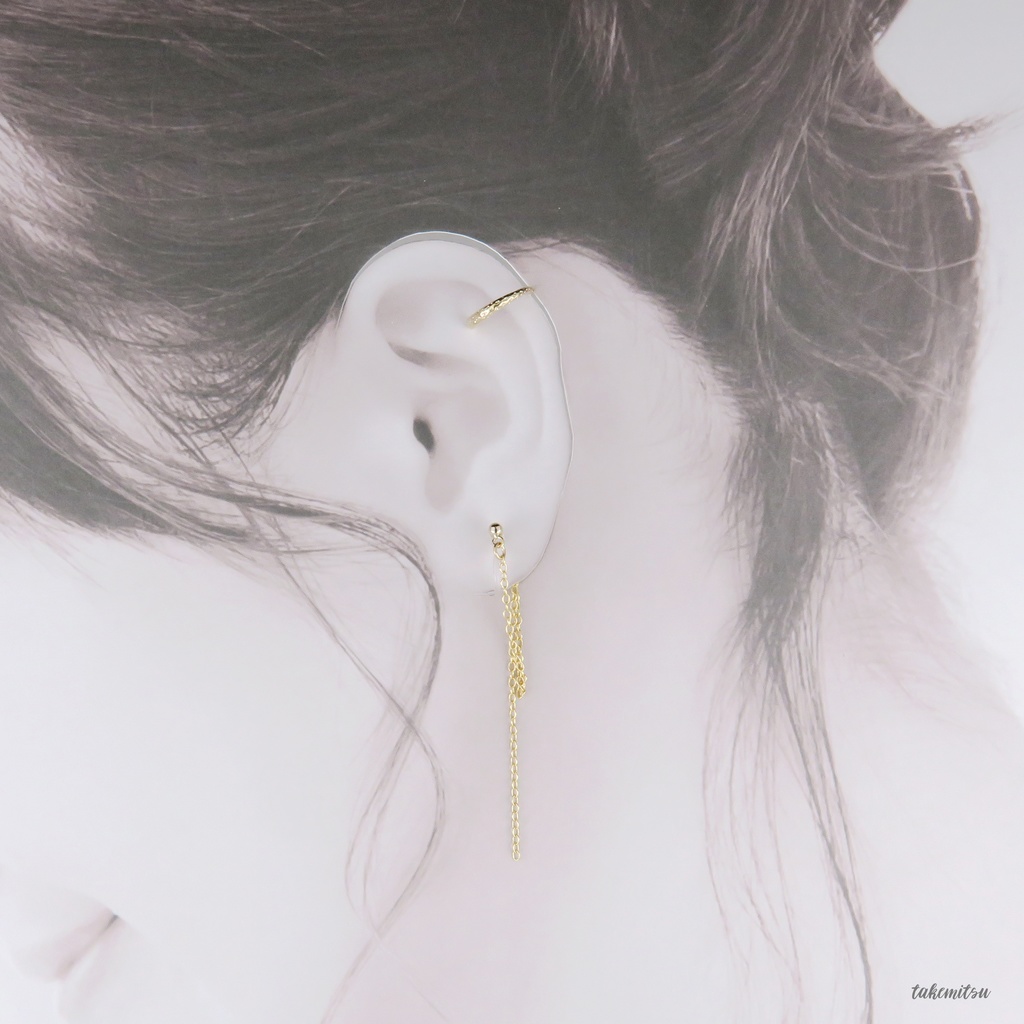 イヤーカフ/チェーンイヤリング アシンメトリーセット(ゴールド)