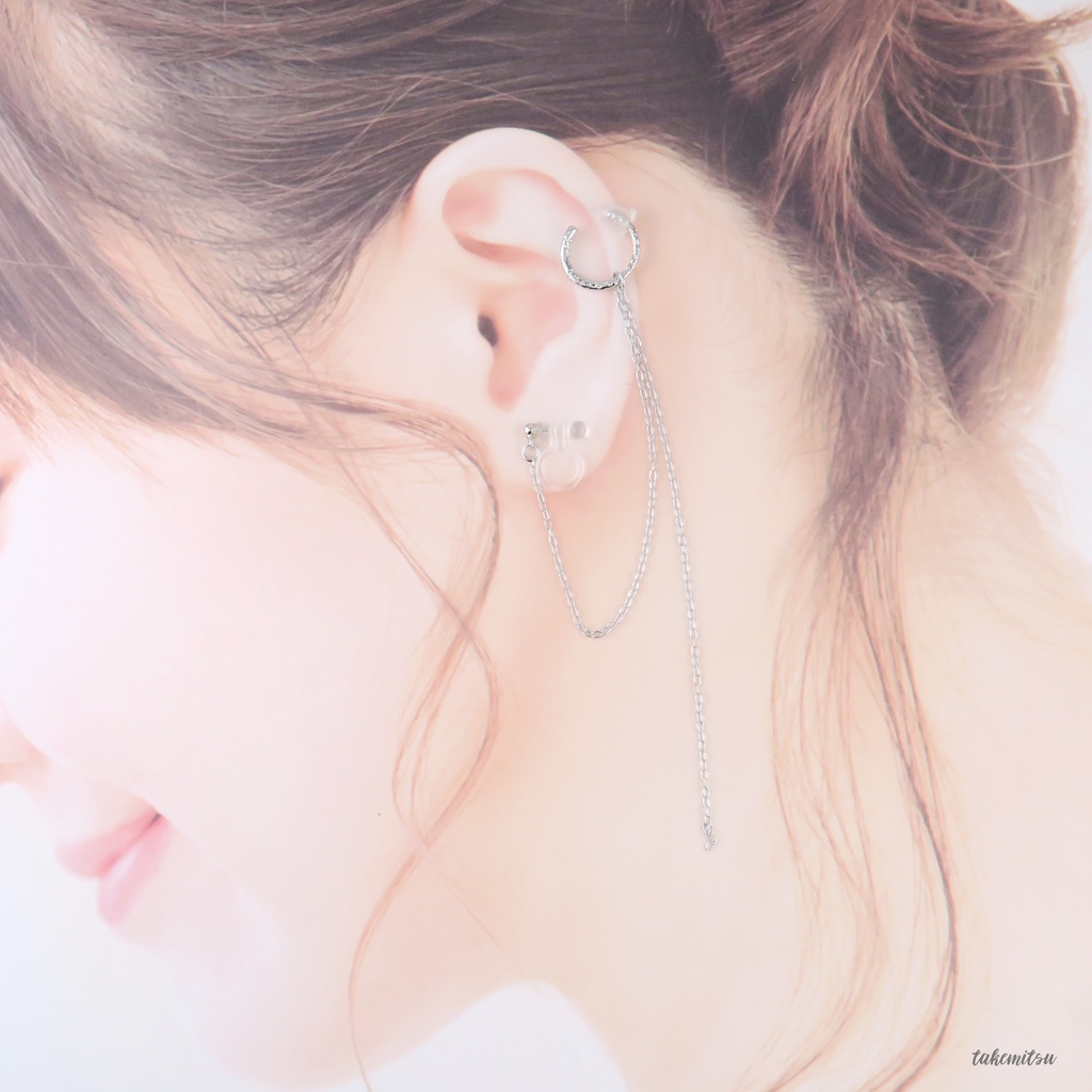イヤーカフ/チェーンイヤリング アシンメトリーセット(シルバー)