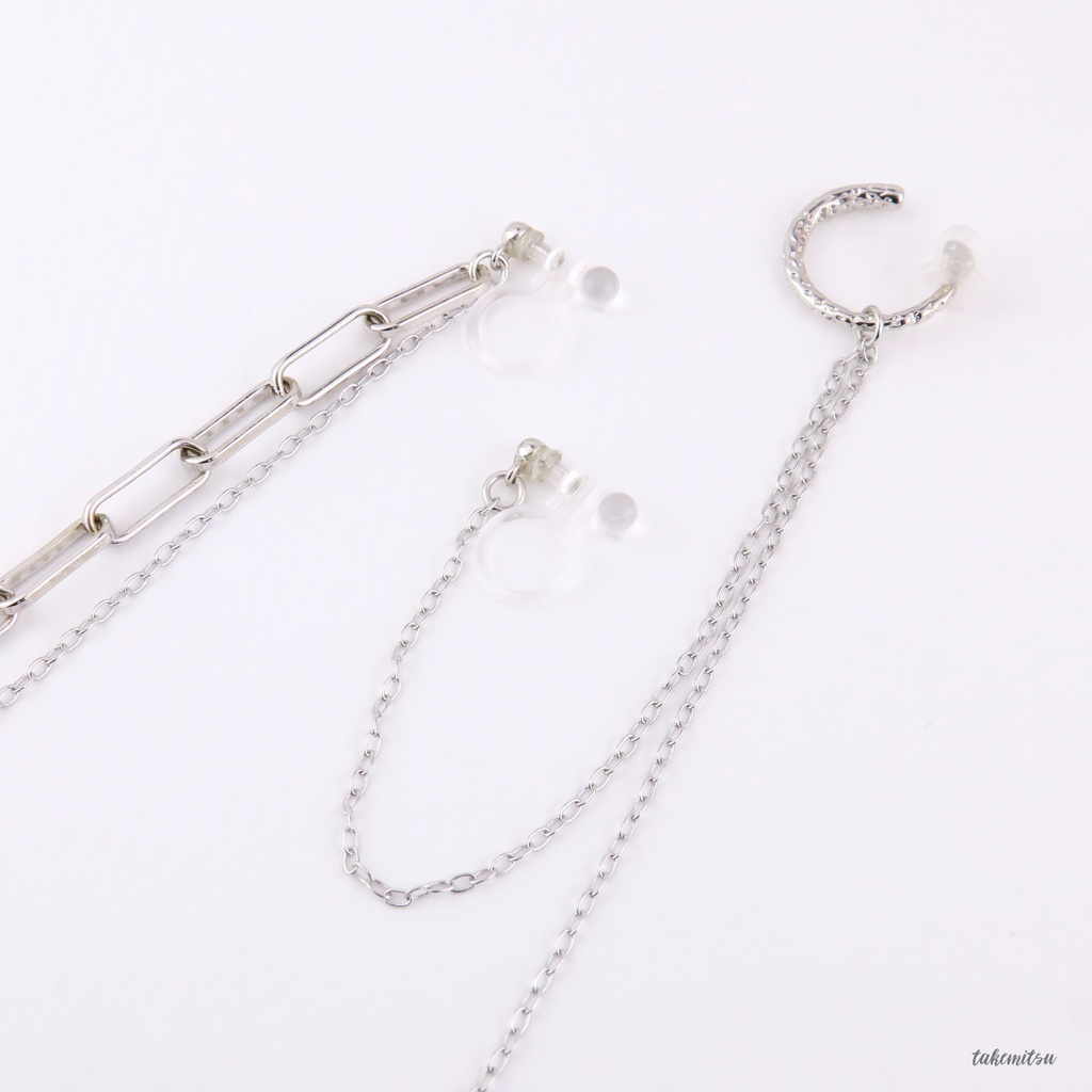 イヤーカフ/チェーンイヤリング アシンメトリーセット(シルバー)